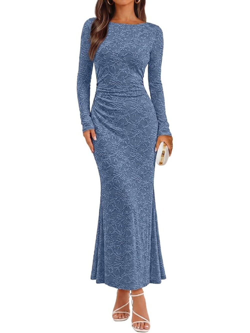 Women's Blue Long Sleeve Bodycon Fall Wedding Guest Formal Floral Maxi Dresses